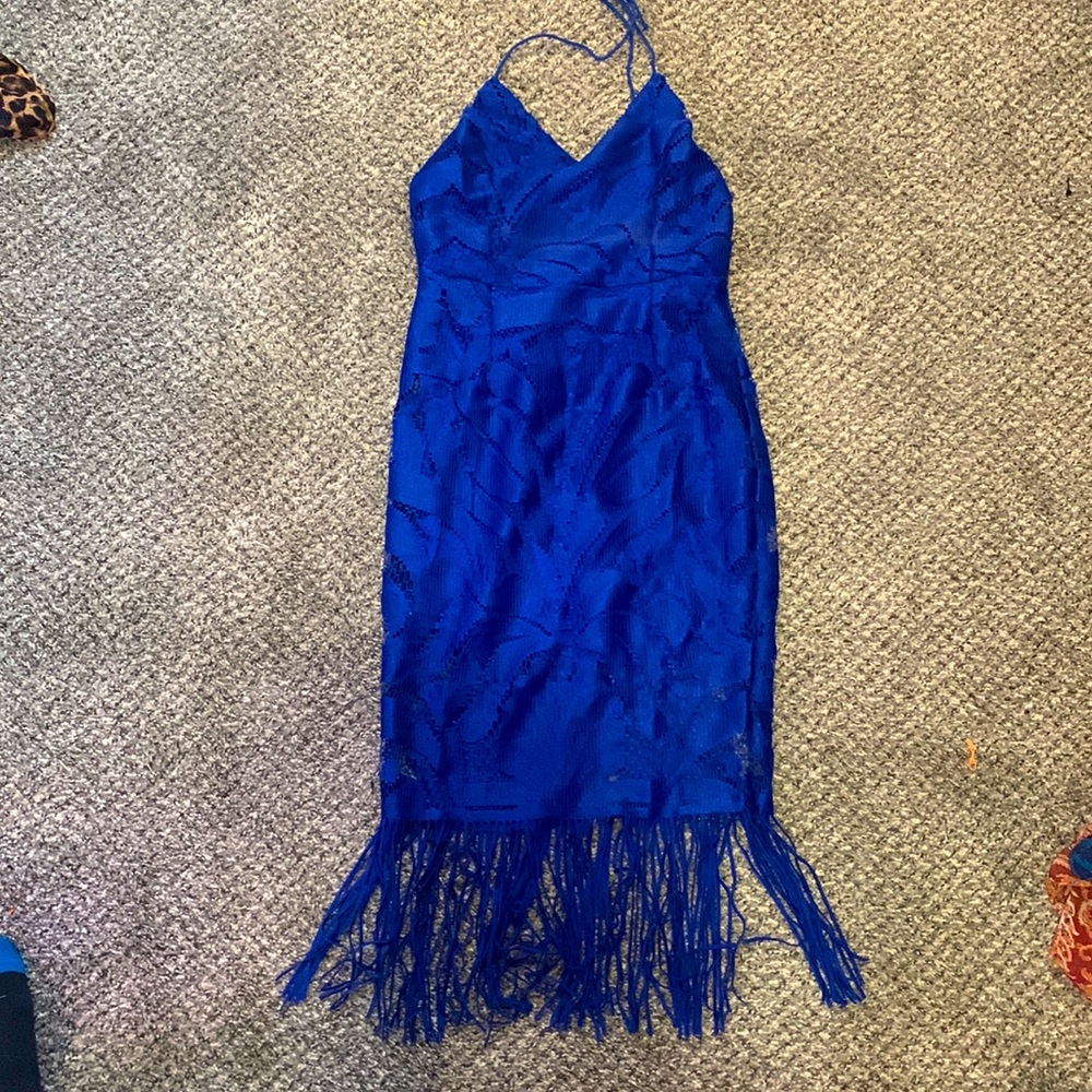 Royal blue halter lace dress with fringe detail. SIZE M.